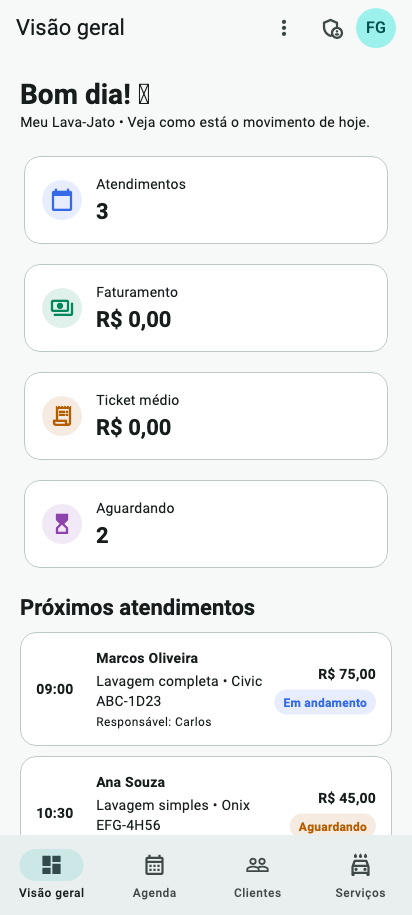 Painel do aplicativo NC Gestão para empresas no Android