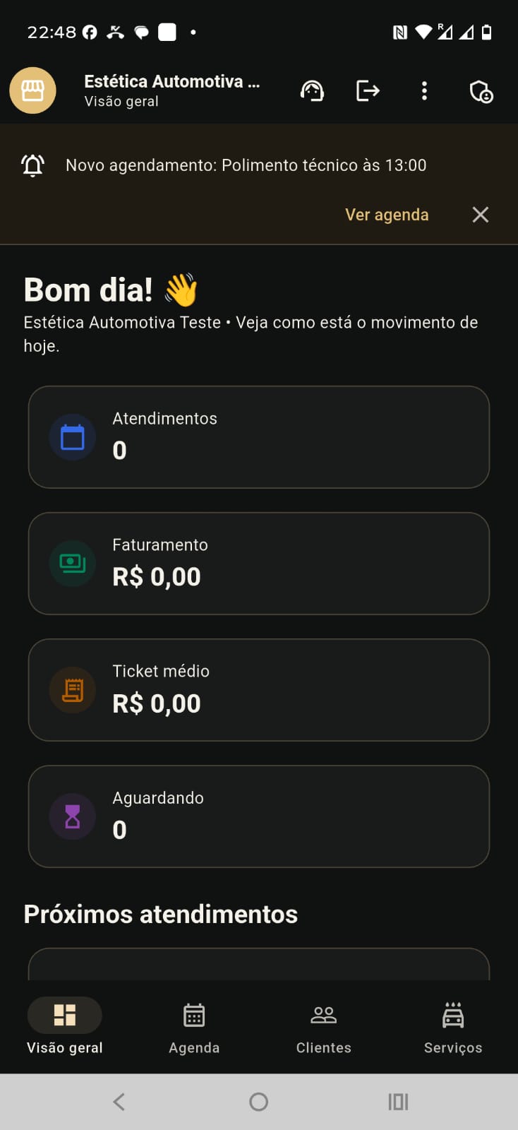 Visão geral do negócio no NC Gestão, em uma conta de estética automotiva