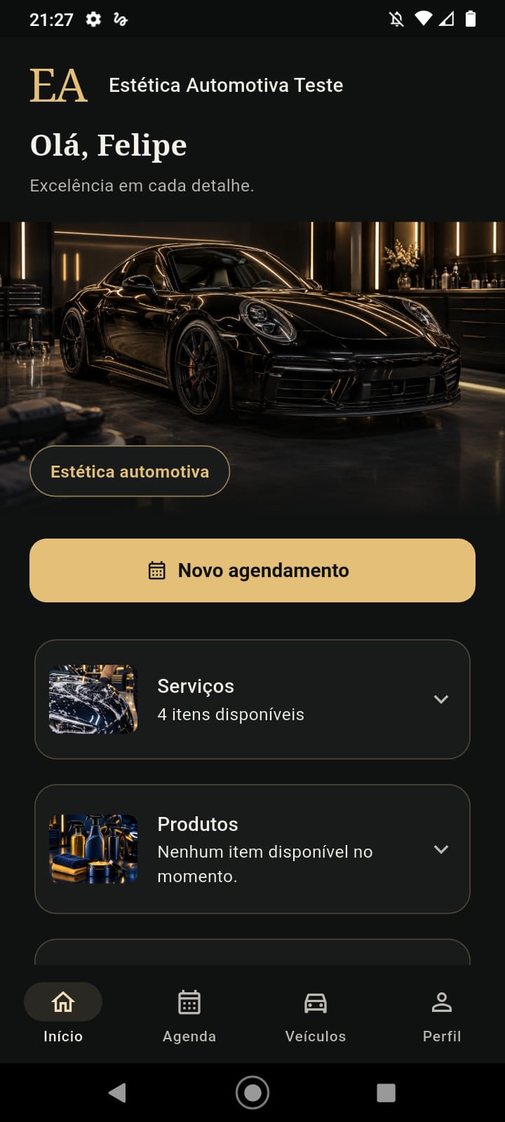 Painel inicial do NC Gestão para clientes, em uma conta de estética automotiva